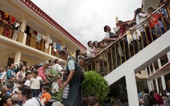 People waiting outside for the blessing