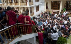 People waiting outside for the blessing